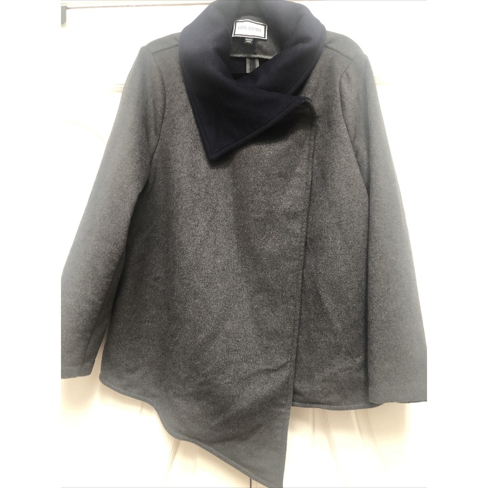 EDEN‎ SOCIETY BLUE/GREY ASYMMETRICAL WRAP SNAP WOOL BLEND COAT SZ L NWOT